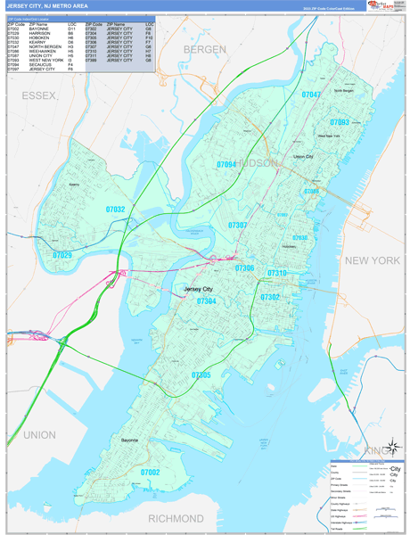 Jersey City Metro Area Wall Map Color Cast Style